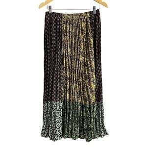 Vintage TRIO NY Peasant Pleated Patchwork Maxi Skirt Yellow Green,Black Size 8